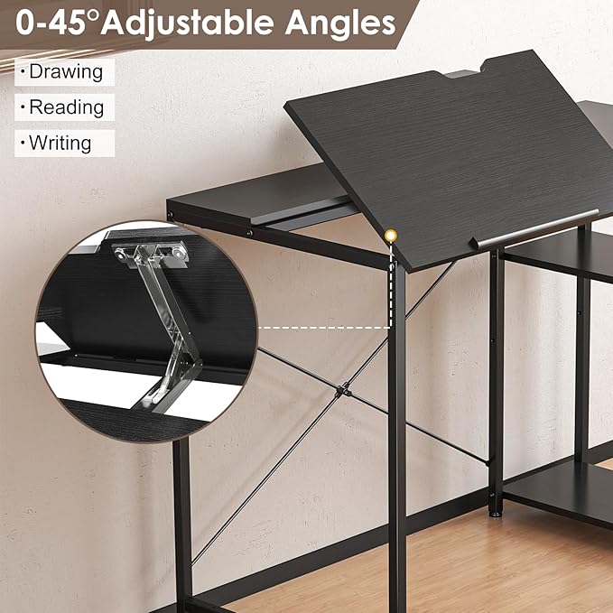 X-cosrack Drafting Table with Storage Shelves &amp Drawer 43 Adjustable Art Desk with Monitor Stand for Home Office Computer Tiltable Draft Drawing Table for Artist Study Writing Workstation Bl
