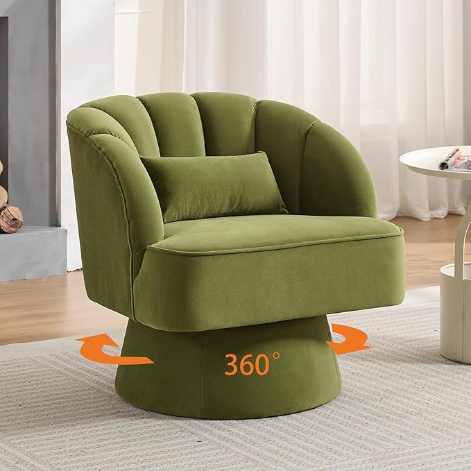 Mid Century Modern Swivel Barrel Chair - 360 Degree Swivel Accent Chair with Plush Velvet Upholstery &amp Wide Cushioned Seat Round Lounge Sofa Chair for Living Room Bedroom Office (Green 1 PCS)