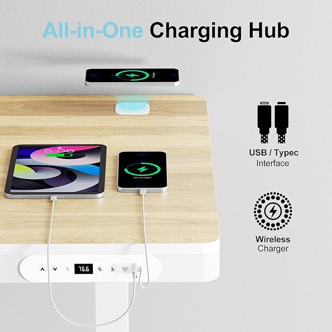 Electric Standing Desk with Drawer &amp Wireless Charging Height Adjustable Sit Stand Desk with USB Charging Station Hidden Cable Management Tray 48 Ergonomic Home Office Computer Desk Light Woo