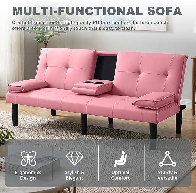 Futon Sofa Bed PU Leather Modern Convertible Futon Couch with Removable Armrests Cup Holders Loveseat Sleeper Sofa Bed for Living Room Apartment Small Spaces (Pink)