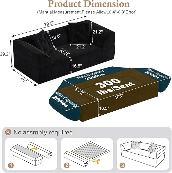 3-in-1 Convertible Folding Sofa Bed 79.5 Queen Size Sleeper Curved Couch Modern Deep Seat Fluffy Couch with 2 Pillows 3-Seater Sofa Sparkling Chenille Fabric Sofa (A-Black 3 Seat)