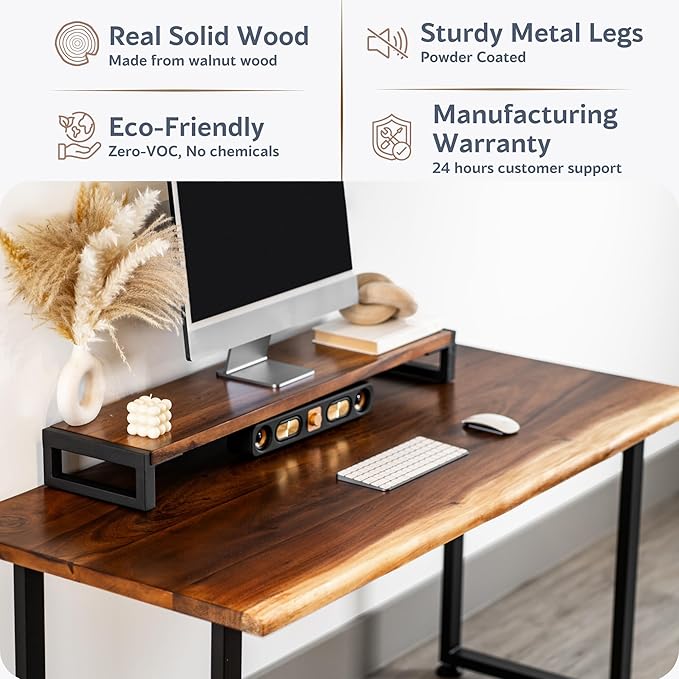 Wood Computer Desk with Monitor Stand - 48x27 Solid Wood Desk Live Edge Walnut Desk Sturdy Metal Legs - Scratch and Stain Resistant Finish - Premium Quality