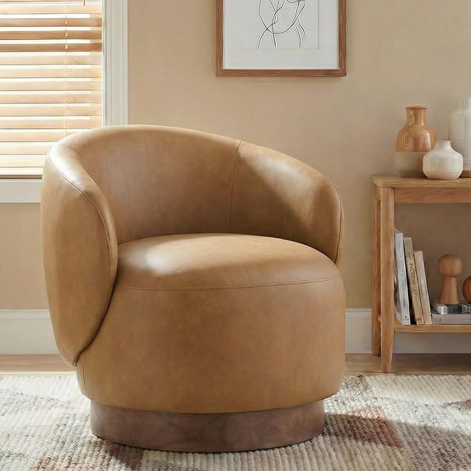 Swivel Accent Chair Modern Round Barrel Armchair with Upholstered Faux Leather for Living Room Bedroom Waitingroom1 BoxBrown