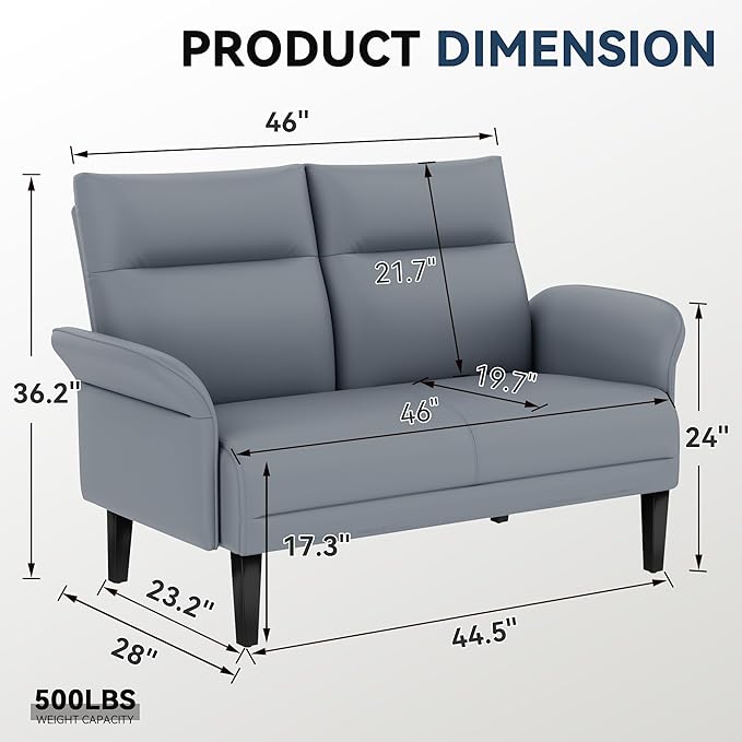 Yongchuang Small Couch 46 Grey Faux Leather Loveseat Sofa for Living Room Bedroom Love Seat Mini Couch with Arm Rest