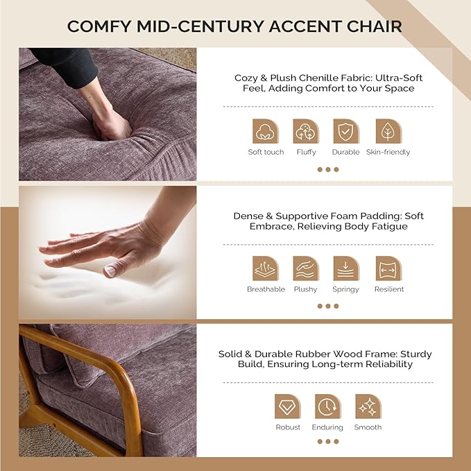 VINGLI Chenille Mid-Century Modern Accent Chair Cute Reading Arm Chair with Cushion &amp Lumbar Pillow &amp Solid Wood Frame for Lounge Living Room Reading Room Bedroom Light Purple