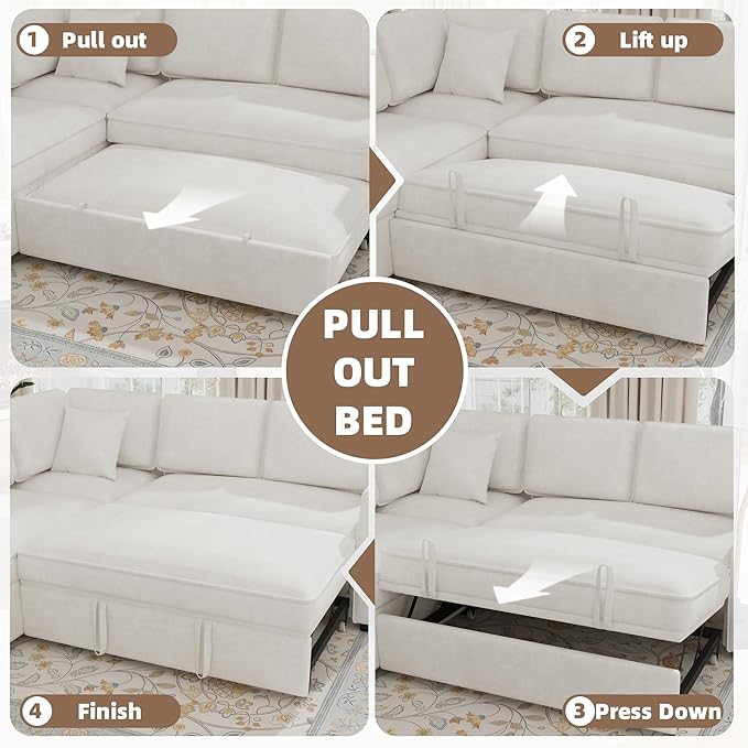EROMMY 87 Sectional Sofa Couch with Pull Out Bed 5 Seat L Shaped Pull Out Couch Bed with USB Ports Velvet Modular Sleeper Sofa Bed with 2 Throw Pillows Large Sectional Couches for Living Room