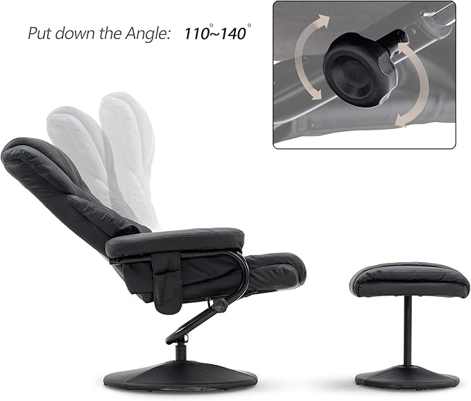 MCombo Recliner with Ottoman Reclining Chair with Massage 360 Swivel Living Room Chair Faux Leather 4901 (Black)
