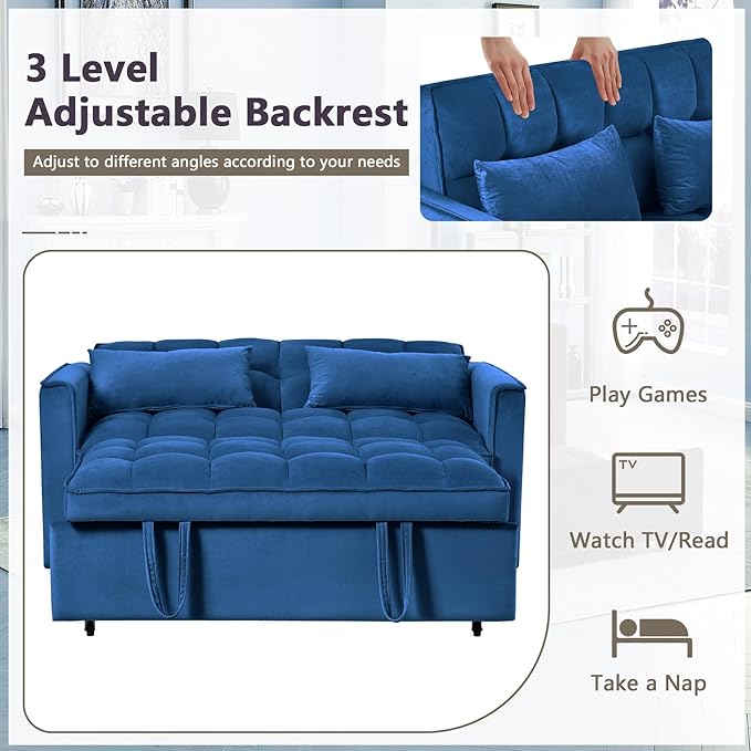 3 in 1 Pull Out Couch Bed Convertible Futon Sofa Bed Velvet Sleeper Loveseat for Small Living Room Adjustable Backrest Comfy Pillows Side Pocket (Blue)