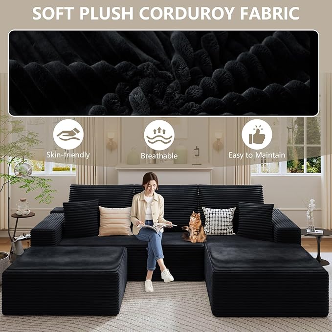107 Cloud Sectional Couch with U-Shaped Chaise Corduroy Sectional Sofa with Ottoman Boneless Couch with Deep Seat in a Box for Living Room No Assembly Required (Black Right Facing Chaise)