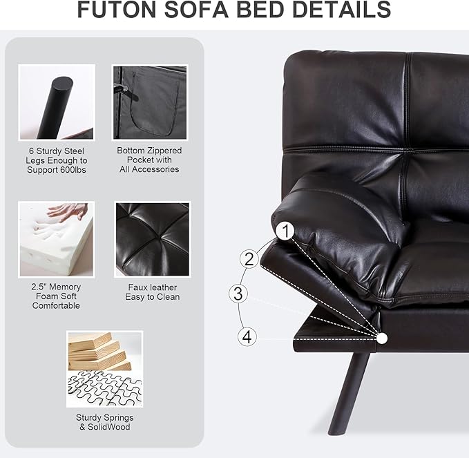 Vipbear Futon Sofa Bed Couch 71 Convertible Sofa Bed Space-Saving Loveseat with Adjustable Backrest &amp Armrest for Living RoomApartmentOfficeBlack Sleeper Sofa