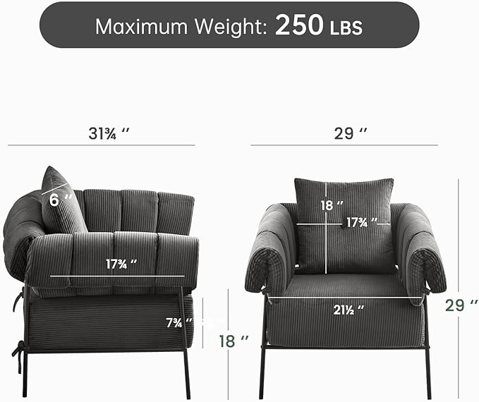 Furnilving Comfy Bedroom Chairs Set of 2 Reading Chair for Living Room Large Modern Accent Chairs with Pillow Metal Frame Chairs Upholstered Bedroom Armchair Side Chair Soft Cushion Corduroy Grey