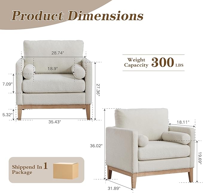 Mlmh &amp Kngwa 35.43 W Modern Accent Chair for Bedroom Upholstered Accent Chairs Single Sofa Chair with Natural Wood Legs Comfy Armchair for Living Room Office Ivory