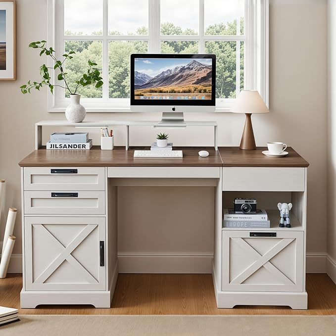 Executive Desk with File Storage Drawer 63 Lift Top Farmhouse Home Office Gaming Desk with Charging Station 3 Drawers Sensor Lights Wood Computer Table with Monitor Stand Antique White