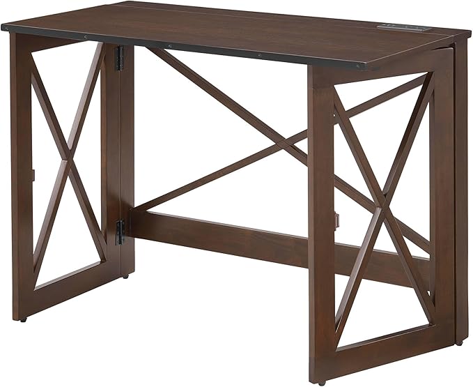 MECO Stakmore 110 Volt Stylish Versatile Expandable Folding Desk with Built in Outlets for Home Office Den or Living Room Espresso