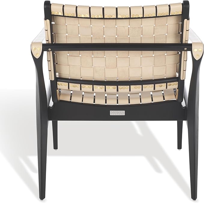 SAFAVIEH Couture Collection Dilan Black Solid Wood/White Genuine Leather Safari Chair (Fully Assembled)