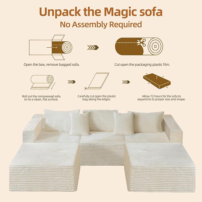 110 Modular Sectional Boneless Sofa with 2 Ottomans Corduroy U-Shaped Modular Sectional Sofa Convertible Cloud Couch with Deep Seats No Assembly Required (White 110 3Seat+2 0ttoman)
