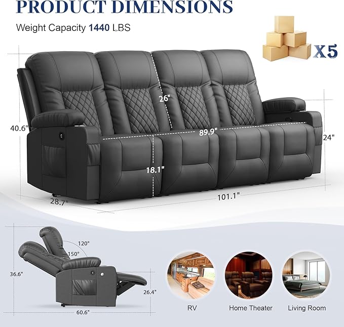 YONISEE 4 Seat Recliner Sofa Large Reclining Sofa with Storage Drawer Manual Recliner Couch with USB Ports 2 Cell Phone Holder 4 Seater Loveseat Recliner Couch for Living Room | Cell Phone Holder