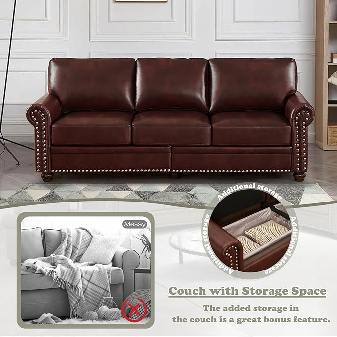 Antetek Comfy Upholstered PU Leather Sofa 82.6-inch Mid-Century Modern Loveseat Sofas with Storage Space &amp Solid Bun Feet 3-Seater Couches for Living Room Small Space Bedroom Brown