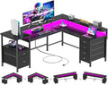 Furologee 66 Reversible L Shaped Gaming Desk with 6 Drawers &amp Printer Storage Shelves Corner Computer Desk with Power Outlets &amp LED Lights Home Office Table with Monitor Stand Black