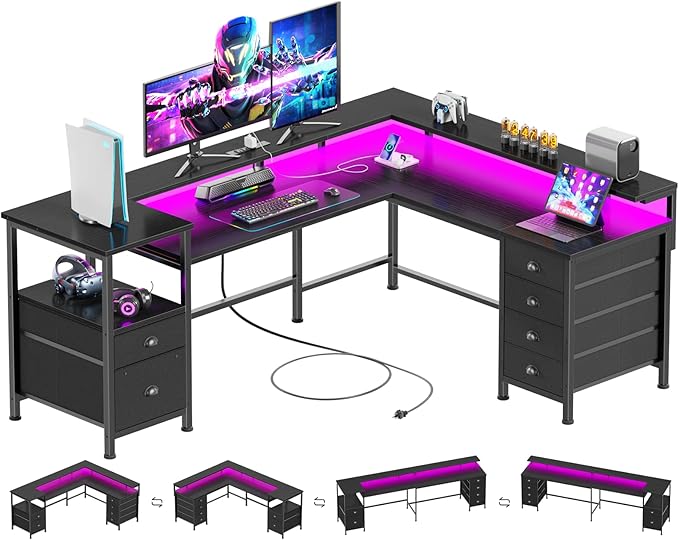 Furologee 66 Reversible L Shaped Gaming Desk with 6 Drawers &amp Printer Storage Shelves Corner Computer Desk with Power Outlets &amp LED Lights Home Office Table with Monitor Stand Black