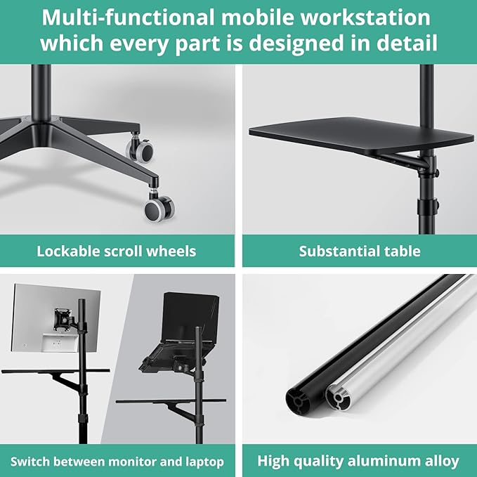 Viozon Mobile DeskMobile WorkstationMulitiuse Rolling Laptop Floor Stand34-48.6 Height AdjustableCompatible with 17-27 Monitor&amp12-17 Laptop21×14 DeskMaxload 17.6lbs4 Lockable Wheels