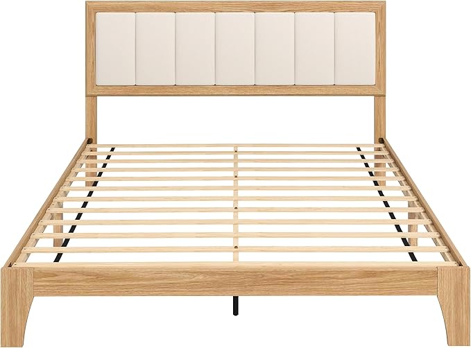HOMCOM Queen Size Bed Frame with Upholstered Headboard Platform Bed Frame with Wooden Slats No Box Spring Needed Easy Assembly Natural