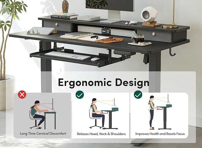 FEZIBO Standing Desk with Drawers and Keyboard Tray 48×24 Electric Height Adjustable Table with Monitor Shelf Computer Home Office Sit and Stand up Workstation Black