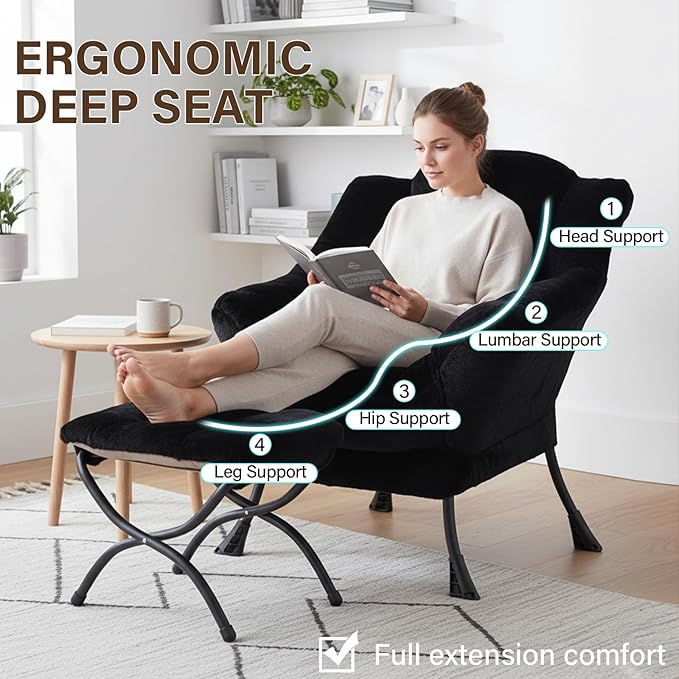 Welnow Lazy Chair with Ottoman Modern Accent Chair with Armrests and a Side Pocket Leisure Sofa Armchair Reading Armchair with Footrest for Small Space Plush Black