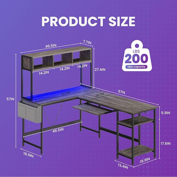 DUMOS L Shaped Gaming Desk 67” Reversible Computer Desks with Led Lights Corner Table with Keyboard Tray Side Bag Storage Shelf Metal Frame Wood Writing for Home Office Bedroom Grey