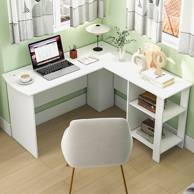 Tangkula White L Shaped Desk with Storage Shelves Wooden Corner Computer Desk Space-Saving Home Office Workstation Gaming Desk Writing Study Desk L Shaped Office Desk