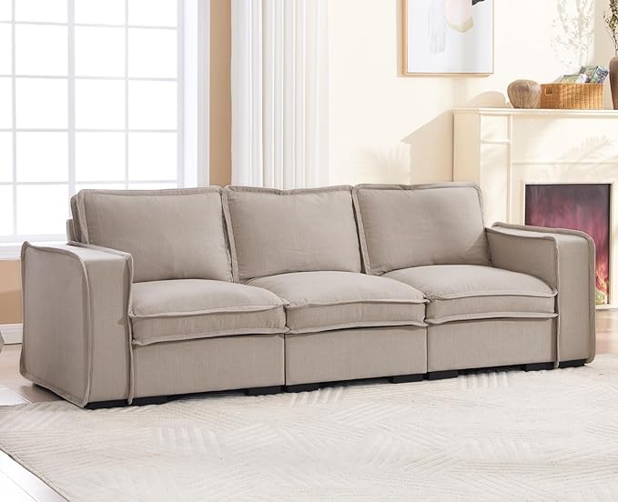 EALSON 93 Modular Sectional Sofa Modern Comfy 3-Seater Couch Sofa Linen Fabric Upholstered Cloud Couches with 24 Deep Seat and Wooden Legs for Bedroom/Living Room/Office Oatmeal