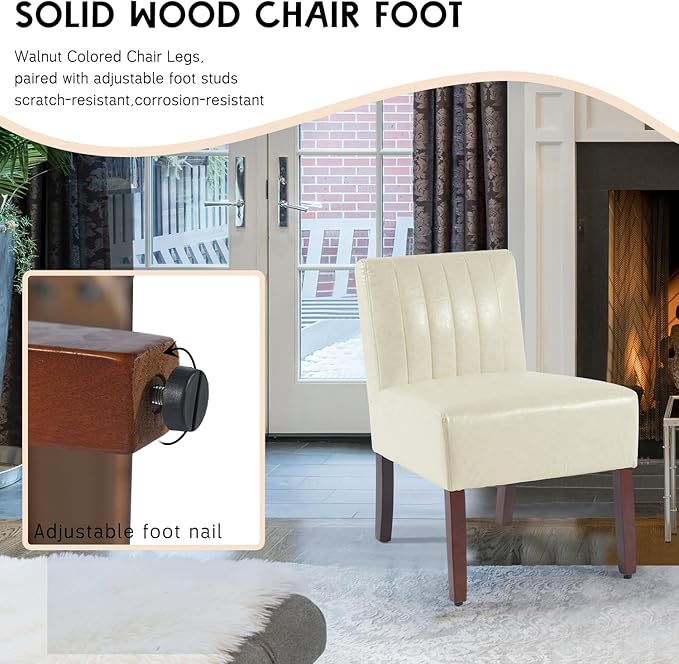 Armless Accent Chairs Upholstered Bedroom Chairs Living Room Chairs with Solid Wood Leg Leather Reading Chair for Adults Comfy Chair for Bedroom Vanity Kitchen (Beige)