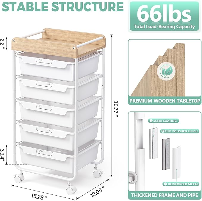 Rolling Cart with 5 DrawersArt Craft CartStorage Utility Cart with WheelsMakeup Organizer with Wooden TabletopWhite