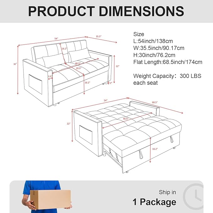 3 in 1 Pull Out Sofa Bed 52.75 Sleeper Sofa Bed with 3-Level Adjustable Backrest Velvet Fabric Loveseat Sleeper Couch for Living Room &amp Bedroom &amp Apartment &amp Dorm Furniture Dark Grey