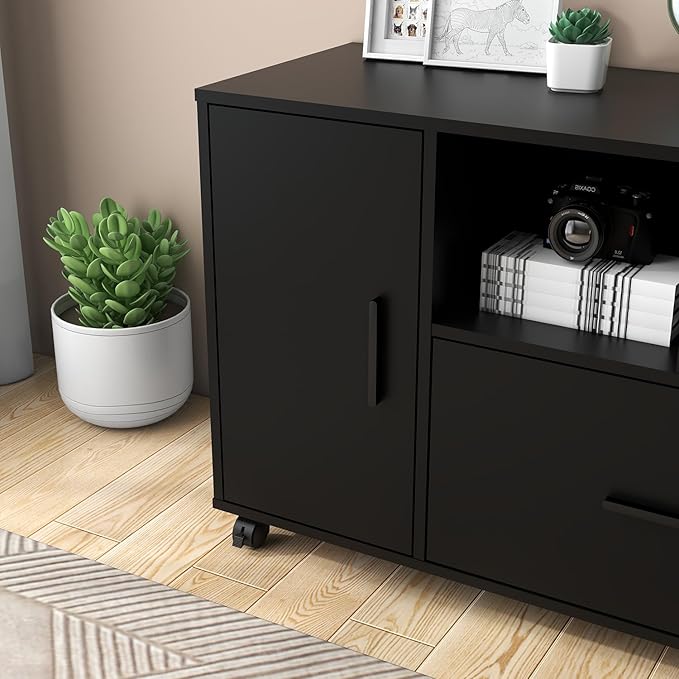 Panana Wood File Cabinet with Lock 1-Drawer Wooden Office Lateral Filing Cabinet on Wheels Mobile Printer Stand with Open Storage Shelf for Letter/Legal/A4 Size Files (Black1)