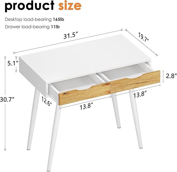 soges Mid Century Computer Desk with Drawers 31.5 Inches Home Office Computer Desk for Small Space 2-Drawer Multifunctional Study Writing Desk White