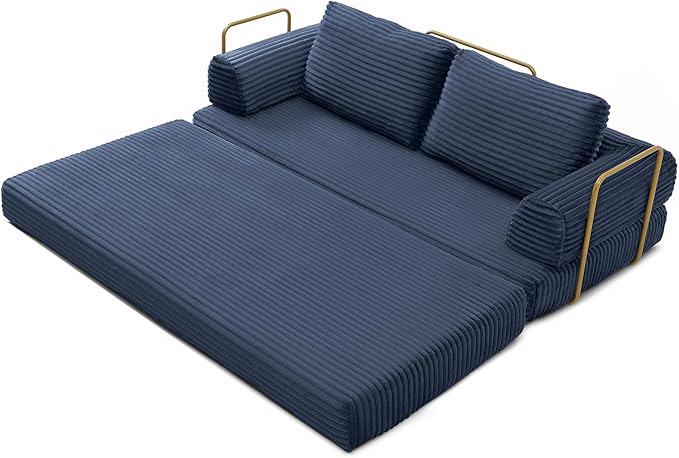 Convertible Sleeper Sofa Bed 79.5 Folding Floor Sofa Mattress Couch with Pillows Corduroy Futon Boneless Couch Lounge Loveseat with Pull Out Bed Blue