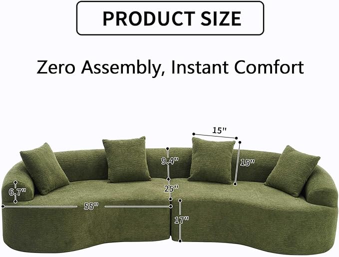 110 Green Curved Boneless Couch with Cushions Modern Cloud Sofa for Living RoomChenille Sectional Minimalist Deep Seat Luxurious No Assembly