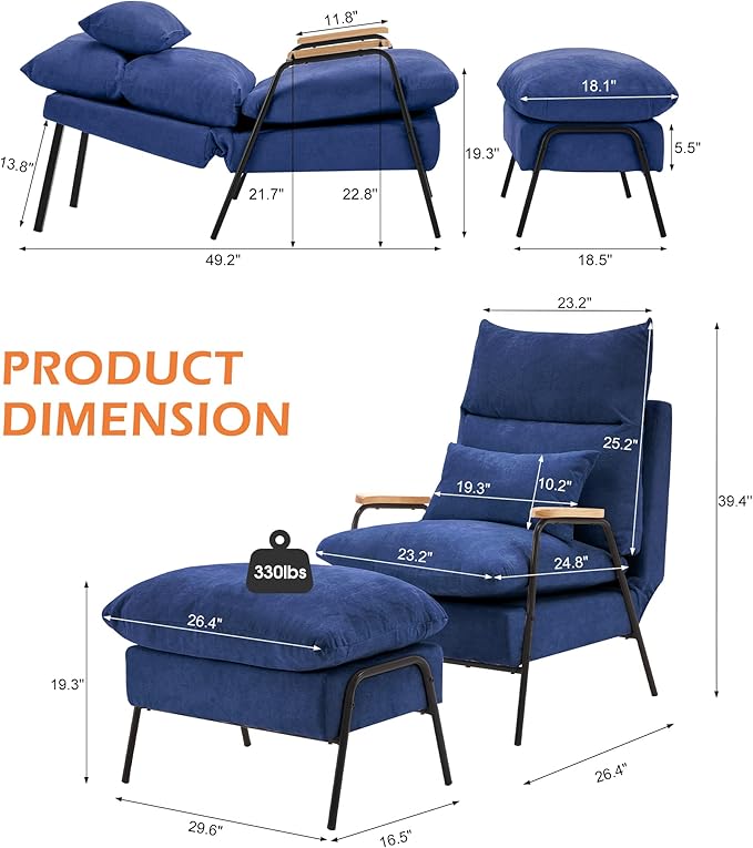 MCombo Accent Recliner Chair with Ottoman Modern Fabric Armchair Upholstered Sofa Bed for Living Room Bedroom Small Space 4055 (Black Frame Blue)