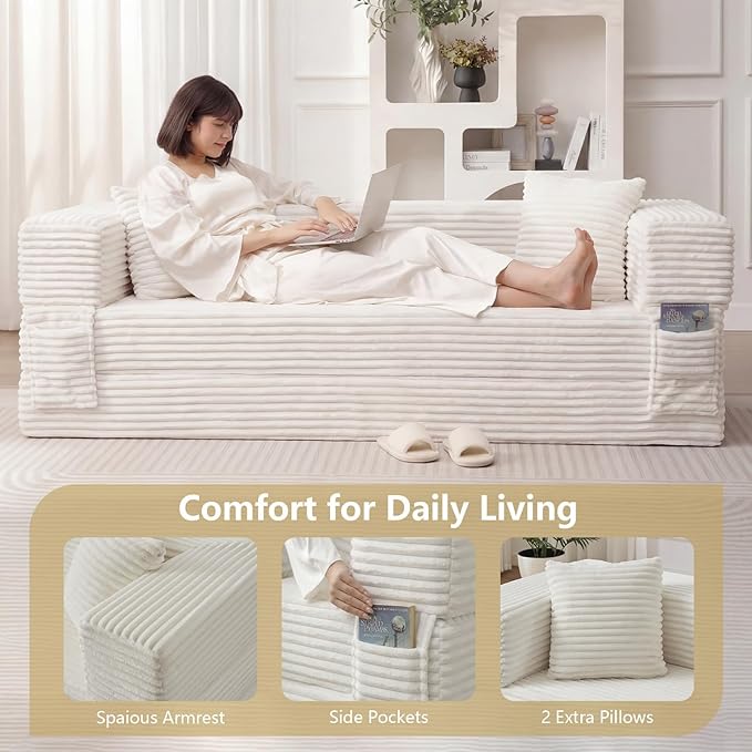 GNIXUU 78.7 Boneless Convertible Sleeper Sofa Bed 4-in-1 Folding Corduroy Futon Couch Bed Oversized Loveseat Modular Floor Mattress Couch for Living Room Bedroom Lounge No Assembly Beige