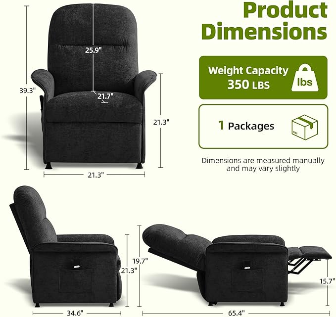 Power Recliner Chair with Remote Control 21 Wide Seat Small Recliners with Side Pocket for Adults Thick Cushions Chair for Living Room &amp Bedroom Dark Grey
