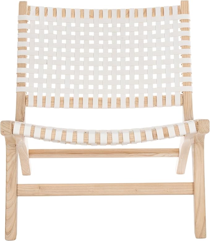 SAFAVIEH Home Collection – Luna Natural Solid Wood &amp White Leather Woven Accent Chair Contemporary Lounge Chair Fully Assembled (ACH1002A)