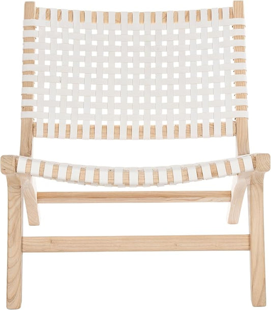 SAFAVIEH Home Collection – Luna Natural Solid Wood &amp White Leather Woven Accent Chair Contemporary Lounge Chair Fully Assembled (ACH1002A)