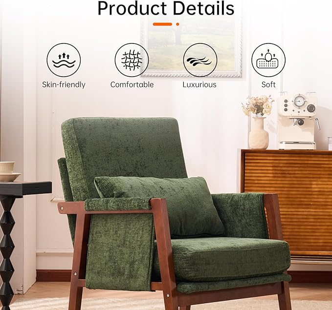 Accent Chair Mid-Century Modern Chair with Lumbar Support Pillow Upholstered Living Room Chairs with Wooden Chenille Armchair with Cushion Comfy Side Chair for Bedroom Balcony Green