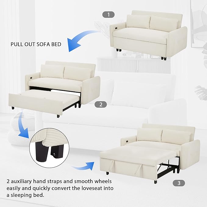 Merax Pull-Out Sofa Bed Convertible Couch 2 Seat Loveseat Sofa Modern Sleeper Sofa with Two Throw Pillows and USB Ports for Living Room Beige