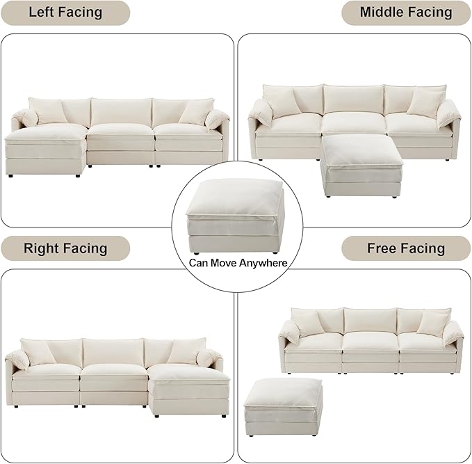 103.5 L Shaped Modern Cloud Sofa Modular Sectional Couch with Ottoman 4-Seat Chenille Deep Seat Sofa with Pillow for Living Room Bedroom and Apartment White