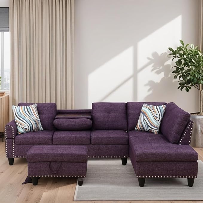 L-Shaped Sectional Sofa with Movable Chaise &amp Storage Ottoman Lounge 3-Piece Modular Convertible Couches for Living Room Apartment &amp Office Deep Purple