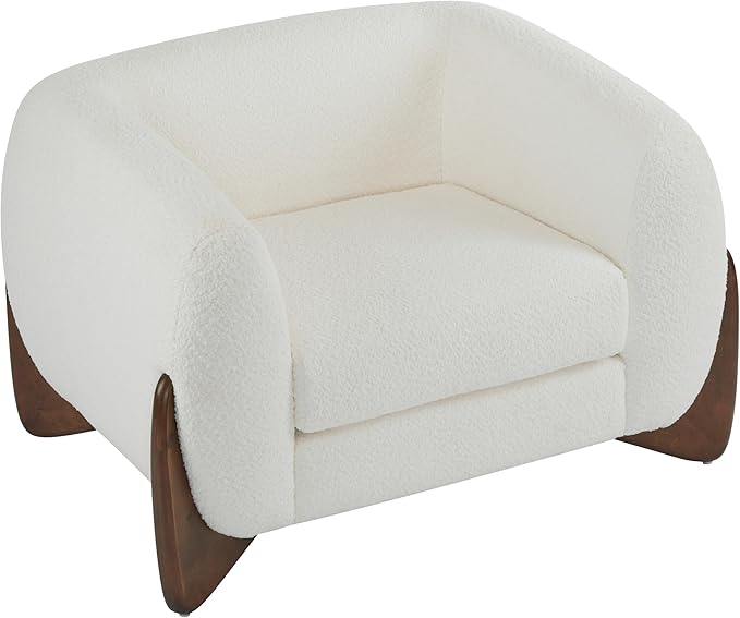 Christopher Knight Home Modern Boucle Fabric Upholstered Club Chair for Living Room Home Office Apartment Relaxing Chair with Removable Cushion and Birch Wood Legs White and Walnut
