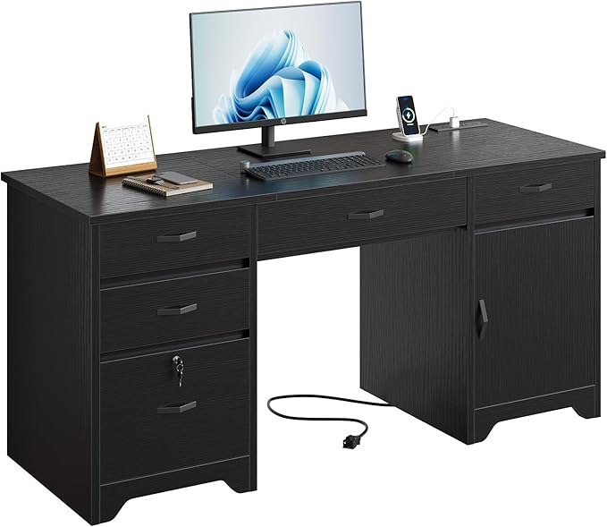 Bestier 59” Office Desk with Lockable Drawers Modern Computer Desk with File Drawer Charging Station &amp Drop-Front Keyboard Drawer Executive Desk with Storage Cabinet for Home Office &amp Studi