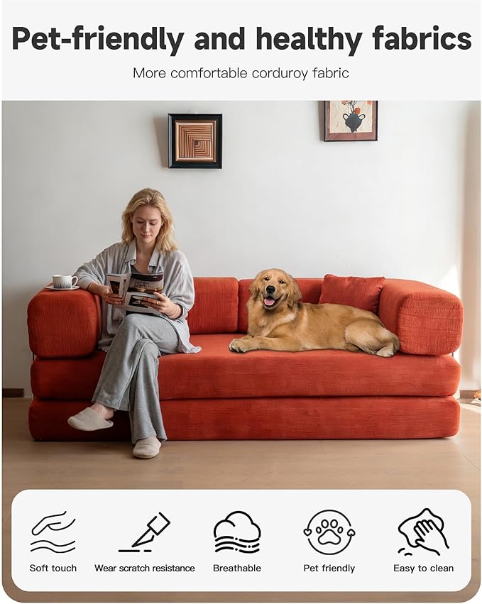 No Assembly Convertible Sofa Bed &amp 79 Boneless Couch with Pocket  5-in-1 Futon Sofa Bed with 2 Pillows Modular Pull Out Couch Bed with FrameCompression in Box for Living Room Small Spaces Orang